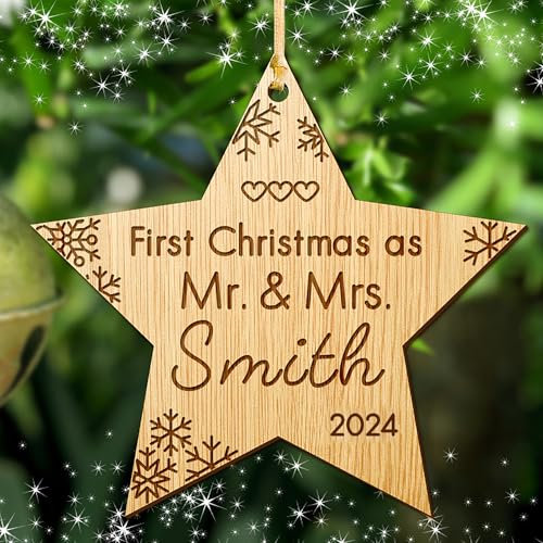 First Christmas as Mr and Mrs Decoration Bauble Personalised Xmas Tree Ornament Married Wood Tree Bauble For 1st Wedding Gifts Keepsake For Him Or Her Hand Finished in UK(Star)