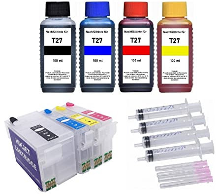 Wiederbefüllbare Tintenpatronen kompatibel mit Epson T27 XL + 4 x 100 ml Nachfülltinte für Workforce WF-3620 DWF, WF-3620 WF, WF-3640 DTWF, WF-7110 DTW, WF-7210 DTW, WF-7610 DWF