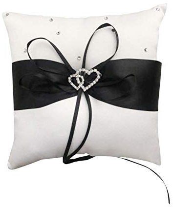 Amosfun Hochzeitsringkissen, weißes Ringkissen mit schwarzem Band, quadratisch, Hochzeitsringträger, Hochzeits-Partyzubehör (20 x 20 cm)