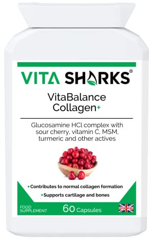 VitaBalance Collagen+ 60 Capsules for Skin, Hair, Nails, Joints & Connective Tissue. Vitamin C & E, Iron, Glucosamine HCL Complex, Sour Cherry, MSM, Turmeric & More for Added Immune Support
