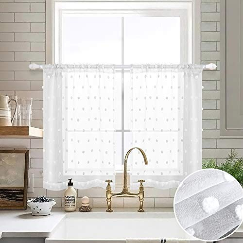 Weiße kurze Vorhänge, 91.4 cm Länge, für Küchenfenster, 2er-Pack, durchsichtige Taschen, kleine Punkte, Pom Dekor, strukturierte Ebene, Café-Vorhang, Volant, Camper, 76.2 x 91.4 cm lang