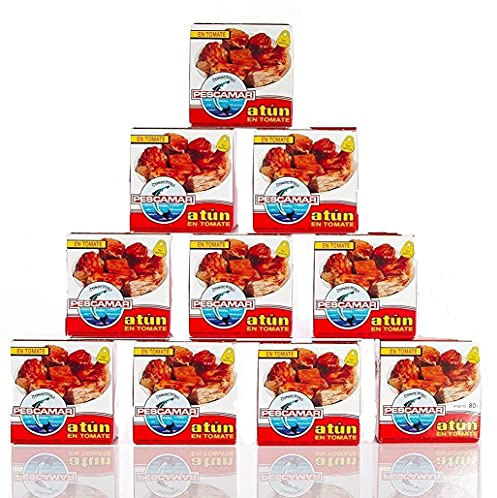 Pescamar- 10er Pack Thunfischfilets in Tomatensauce – Mediterrane Spanische Art, 80g Dosen, Ideal für Salate, Sandwiches & Snacks