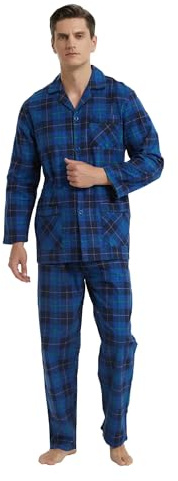 GLOBAL Mens Pyjama Sets | 100% Cotton Soft Flannel Pjs | Long-Sleeve Top Elastic and Drawstring Bottoms