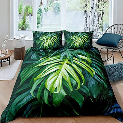 Homewish Palm Leaf Bettwäsche Set,Monstera Trösterbezug,Hawaiian Tropical Leaves Bettbezug für Kinder Jungen Mädchen Teens,Sommer Frühling Naturpflanzen Bettbezug Grün 3 Stücke 200x200