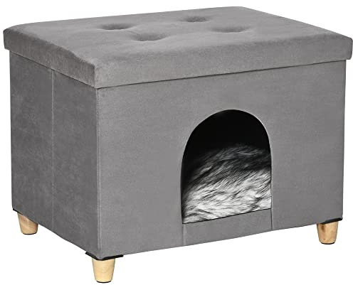 PawHut Niche Chat Maison de Chat Design surélevé avec Coussin amoviable et Lavable en Peluche Doux Repose-Pieds, Dessus ouvrable, Gris