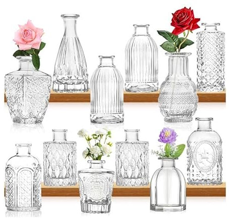 SuproBarware Petit Vase en Verre - Lot de 12 Mini Bouteilles de Fleurs Vintage - Vase en Verre délicat - Différentes Tailles pour Arrangements Floraux, décoration, fête de Mariage à la Maison