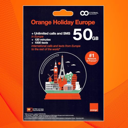 Preloaded Orange Travel Sim Card Now with 50GB of 4G Data, Unlimited Calls & Texts in Europe, 120 mins + 1000 SMS from Europe to Worldwide (Lasts for 31 Days). Tethering Allowed.