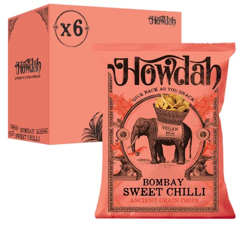 Howdah Indian Snacks Bombay Sweet Chilli - Ridged Ribbon Crisps Spiced with the Heat of Chilli & Aromatic Herbs, Ideal Snack Share Bags or Party Food Snacks - Punchy, Sweet & Spicy - 130g (Pack of 6)