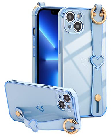 ZTOFERA Compatible with iPhone 13 Case with Wrist Strap, Flexible Silicone Protective Phone Case with Cute Heart Pattern Hand Strap Stand Finger Holder Gold Trim Shockproof Bumper Cover, Sierra Blue