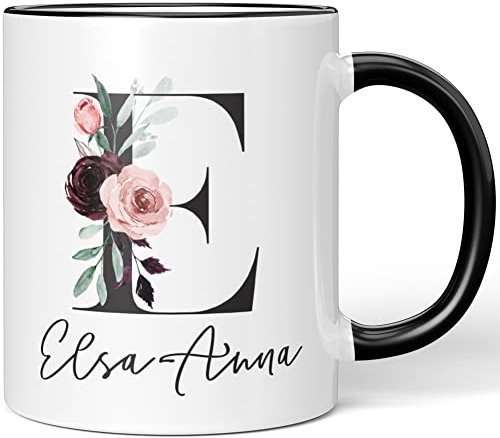 JUNIWORDS Tasse, Elsa-Anna, Name Anfangsbuchstabe Initial Alphabet Floral Buchstabe E Monogramm Motiv, Schwarz (5566952)