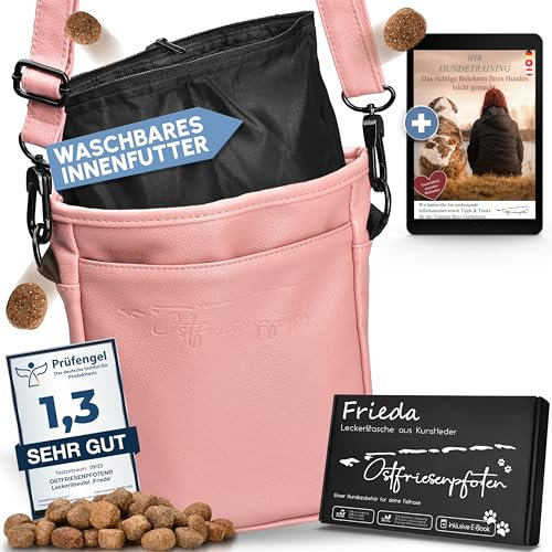Ostfriesenpfoten® Leckerlibeutel 'Frieda' für Hunde aus hochwertigem Kunstleder - Altrosa Größe L - Futterbeutel mit EasyOpen Einhandmagnetverschluss - Gassitasche für Hunde-Leckerli