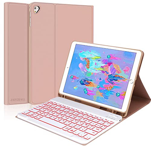 JADEMALL Coque Clavier pour iPad 9.7, iPad 6eme/5eme Generation 2018/2017, Air 2/1 2014/2013, AZERTY Clavier Rétro-éclairé Bluetooth Détachable Magnétique, Rose
