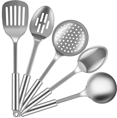 Ensemble d'Ustensiles de Cuisine 5 pièces en Acier Inoxydable Cuillères et Spatule avec Poignée Ergonomique Réutilisables Ensemble d'outils Pour la Cuisine