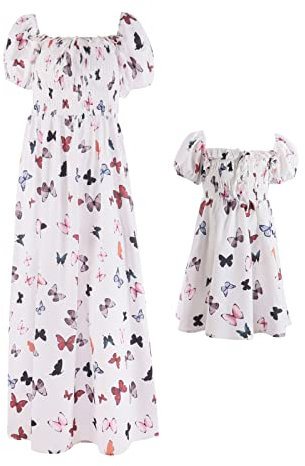 FYMNSI Mutter Tochter Kleid Maxikleider Partnerlook Mama und Mich Kleidung Sommer Outfits Kurzarm Boho Langes Strandkleid Familien Passenden Partykleid Elegante Freizeitkleid Schmetterling 3-4 Jahre