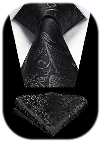 HISDERN Herren Krawatte Hochzeit Schwarz Paisley Krawatten Taschentuch Blumen Elegant Klassisch Krawatte & Einstecktuch Set