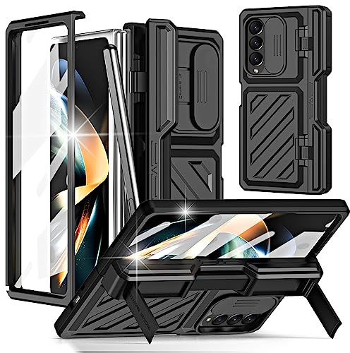 Miimall for Samsung Galaxy Z Fold 4 Case with S-Pen, Screen Protector, Hinge Cover, Kickstand, Camera Lens Protector, Hard PC Phone Bumper Heavy-Duty Full Protective Cover for Galaxy Z Fold 4 5G-Black