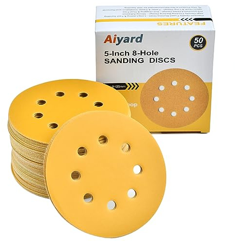 Aiyard 5-Inch 8-Hole Hook and Loop Sanding Discs 600-Grit Random Orbit Sandpaper, 50-Pack