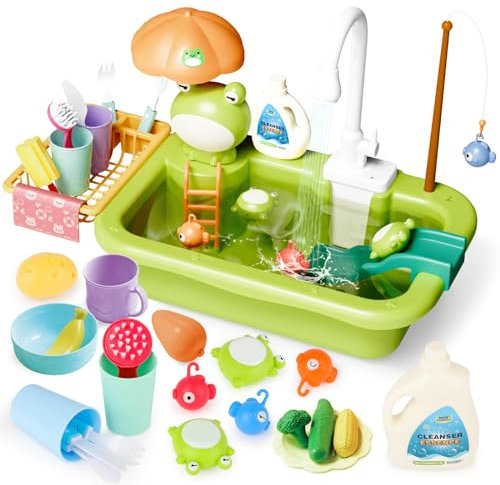deAO Kinder Spielküchenspüle mit echtem Wasser – 2-in-1 Küchenspiel & Angelspiel,Küchen-Sets mit aufgerüstetem Wasserhahn, Lernspielzeug für Kinder ab 3 Jahren Geschenk für Jungen & Mädchen