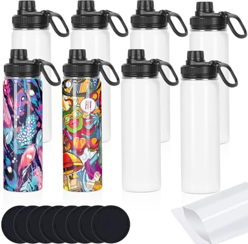 Draheri Sublimations-Sport-Wasserflasche, blanko, 625 ml, Sublimationsbecher, Edelstahl, doppelwandig, isoliert, Sublimationsbecher mit tragbarem Griff, einzeln verpackt (8 Stück)