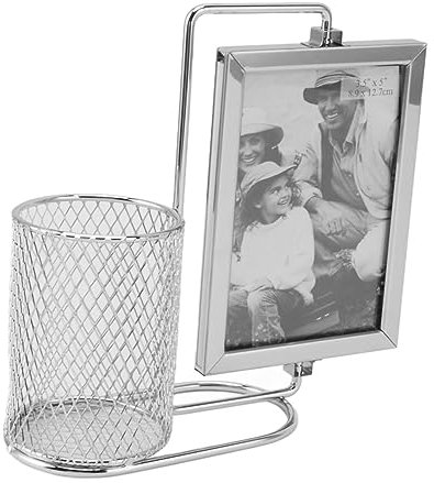Porte-stylo Cadre Photo en Acier Inoxydable Grande capacité Conception Rotative Polyvalente Décorative pour les Ordinateurs de Bureau Maison Porte-stylo Cadre Photo en Acier