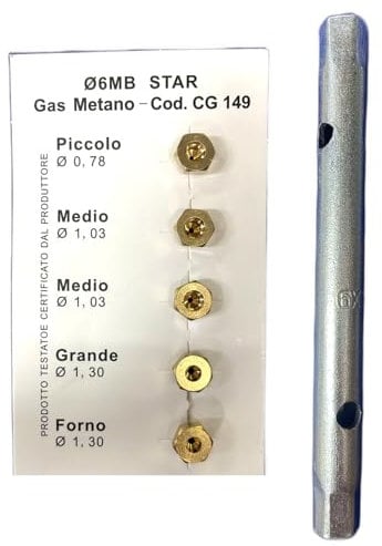 CG94 - Kit de 5 boquillas de gas metano de 6 MB + llave de tubo 6 x 7 | Compatibles con Ari!ston, Ind!esit, Reèx | para cocinas y encimeras