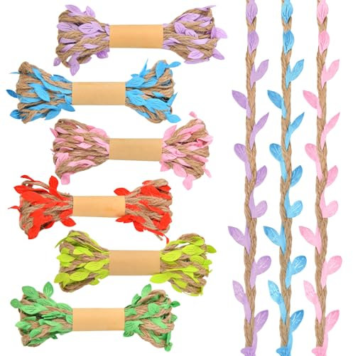 12 cintas de hojas de arpillera de 65 pies, cordel de yute natural de 6 colores con hojas de vid artificiales, cuerda de cáñamo colgante para manualidades, boda, hogar, jardín, obras de arte, selva