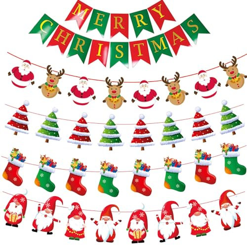 5Pcs Weihnachten Banner Girlande Merry Christmas Girlande Papier Girlande Banner Weihnachtsgirlande Santa Elch Weihnachtsbaum Banner Hängend Deko für Weihnachtsdeko Party deko
