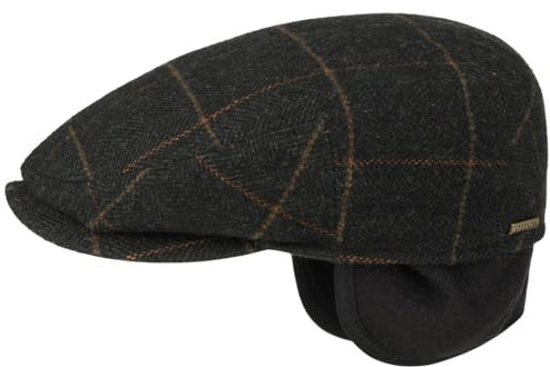 Stetson Kent Ohrenklappen Flatcap Herren - Schiebermütze mit Klappen für Ohren - Flatcap mit Fischgrätmuster - Ohrenmütze Herbst/Winter - Schirmmütze oliv-schwarz L (58-59 cm)