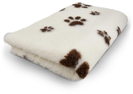 Vetbed Creme mit braunen Fußabdruckpfoten – rutschfeste Hundematte, Welpenteppich – Hundeteppich, Bankteppich, Bankmatte, Tiermatte – für Wurfkiste und Hundebox – maschinenwaschbar, 150 x 100 cm