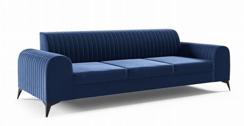 LIKMA Marineblau 3 Sitzer Samt Sofa ELSA 234x77x93 cm 3-er Couchgarnitur Hydrophobe Beschichtung Velvet Moderne Wohnzimmer Couch Velours Glamour Design Stoff Fresh 11