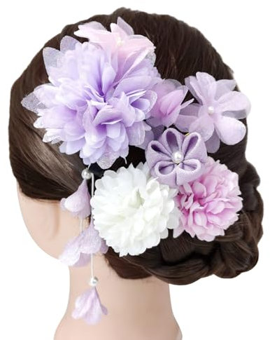 HDKEAN Épingles à cheveux japonaises Kimono Anciennes Épingles à cheveux Fleur Porte-chignons Tsumami Fournitures Traditionnelles Bijoux de Cheveux Fleurs Pinces à cheveux pour filles, violet