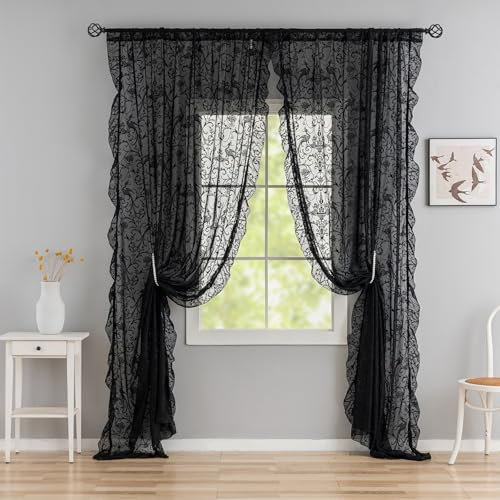 TUDECO Schwarze Vorhänge, 244 cm lang, luxuriöse Vorhänge mit Blumenmuster, bestickt, lichtfilternd, Gothic, viktorianische Vorhänge, Dekoration, Stangentasche, Fensterbehandlung, 2 Stoffbahnen, 150 x