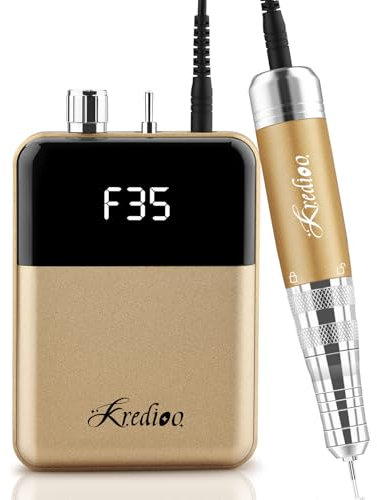 Kredioo Nail Drill, Electric Nail File for Acrylic and Gel Nails, 35,000RPM Portable Rechargeable Nail Drill Machine, Manicure Pedicure E File Kit with Travel Bag, Pause Button (Gold)
