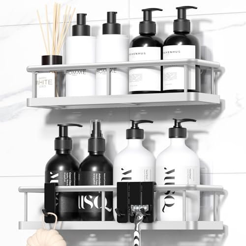 YASONIC Duschablage ohne Bohren, Badezimmer Organizer mit großer Kapazität, schnell trocknende Duschregal ohne Bohren, Shampoo Halterung für Dusche mit 4 Haken, rostfreie Badregal Duschablage Silber