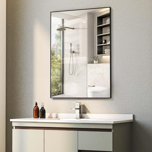 BEAUTME Schwarzer Badezimmerspiegel 71,1 x 50,8 cm, rechteckiger Wandspiegel mit quadratischer Ecke, Metall, Bauernhaus, modernes Design für Schminktisch (horizontal/vertikal)