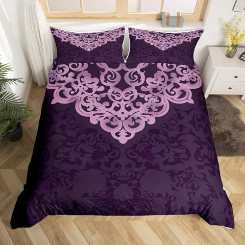 Homewish Vintage Damast Bettbezug Set Gothic 135x200 Bettwäsche Sets,Viktorianische Tröster Bezug Lila Barock Blumen Gothic Bett Set Antike Floral Böhmische Dekor,Lila Violett