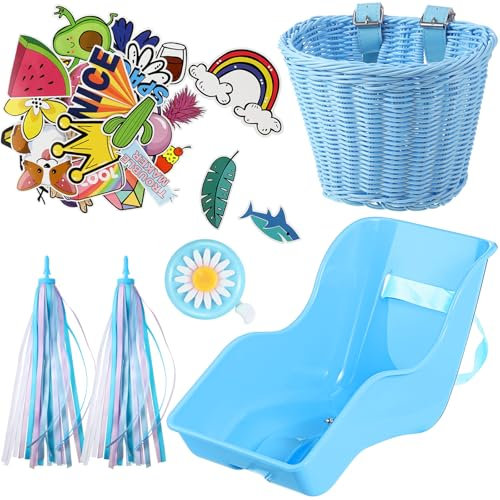 Aurelema Asiento de bicicleta de muñeca con 30 calcomanías, cesta de bicicleta para niños, serpentinas de manillar de bicicleta, borlas de cintas coloridas, campana de bicicleta para niños, niñas,
