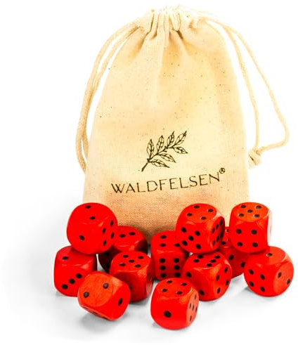 Waldfelsen 6, 12, 20, 30 o 50 dadi in legno di faggio di alta qualità, cubi per gli occhi, cubi da gioco in legno da 16 mm, con sacchetto di stoffa (rosso, 12 pezzi)