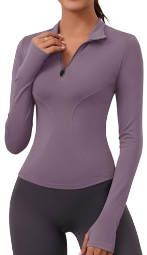 Rapbin Damen Langarm Sportshirt Gym Top Sport Oberteil Yoga Tops Laufshirt Langarm Running Top Langarmshirt mit 1/4 Reißverschluss und Daumenloch Graulila S
