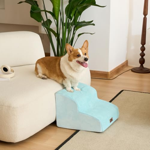 Dripex Hundetreppe 2 Stufen 40×40×30cm, gebogen für Sofa & Bett Blau | Für kleine Hunde & Katzen, 25D Schaum, Cordbezug, abnehmbar & waschbar