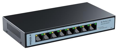 SODOLA 8 Port Gigabit Switch, 8x 2.5G Network Switch, Unmanaged Ethernet Switch for Home Office Gaming, Plug & Play, Ethernet Splitter, Silent Fanless Design, Desktop or Wall Mount