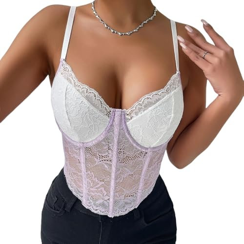 RWGSNB Corset Top, Korsetts für Damen Sexy Spitzen Korsett Tops Y2K Spaghettiträger Bustiers für Damen Cami Tops Rückenfreie Westentops Camisole Bralettes mit Stäbchen Ärmelloses Tanktop Flied