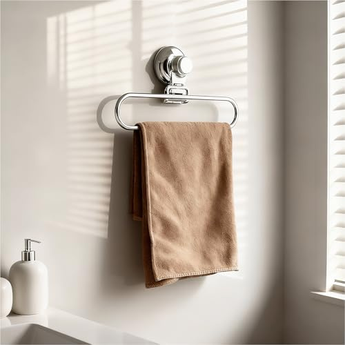 Poywaze Suction Hand Towel Holder for Bathroom, Stainless Steel Towel Ring, Wall Mounted Sucker Towel Rail, No Drilling Towel Hanger, Silver Kitchen Tea Towel Rack, Max Hold 5KG