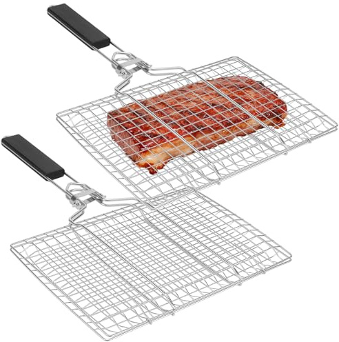 SYUTBOU 2 Stück Grillkorb Fischbräter, 33,5 x 22cm Faltbarer Grillkorb aus Edelstahl, Tragbarer Grillkorb mit Abnehmbarer Griff, Grill-Netz für Fisch, Gemüse