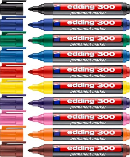 edding 300 Permanentmarker - 10 intensiven Farben - Rundspitze 1,5-3 mm - wasserfest, schnell-trocknend - wischfest - für Karton, Kunststoff, Glas, Holz, Metall, Glas (10 intensiven Farben)
