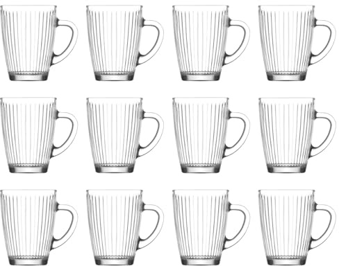 LAV 300ml Hestia Glass Mugs - Clear - 12x Latte Tea Hot Chocolate Cappuccino Espresso Drinking Mugs Glasses Set with Handle