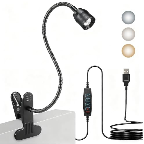 SKIKHN Lámpara con Clip, Lampara Pinza con 3 Tonos y 10 Niveles de Brillo, Lampara Lectura Pinza con Interruptor y EU Enchufe, Cisne Flexible de 360°, para Lectura, Trabajo, Viajes