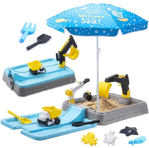 VROGTIK Sandkasten mit Bagger & Sonnenschirm, Kinder Sandkasten mit Abdeckung, Sandspielzeug Set mit Strandspielzeug für Kinder 3-5 Jahre, Outdoor Garten Spielzeug