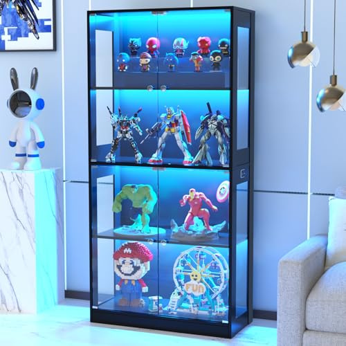 VOWNER Glasvitrine mit gehärtetem Glas, 4 Einlegeböden für Wohnzimmer&Büro | Glasvitrine für Sammlerstücke, Bücherregal mit 3-farbige Beleuchtung Bewegungssensor für Wohnzimmer, Schlafzimmer, Büro, Weiß