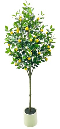 Árbol de limón Artificial de 5 pies de Altura con Maceta Blanca, árbol de cítricos de limón Artificial para decoración del hogar y Oficina, Regalo Grande, pote Falso con Frutas Amarillas realistas